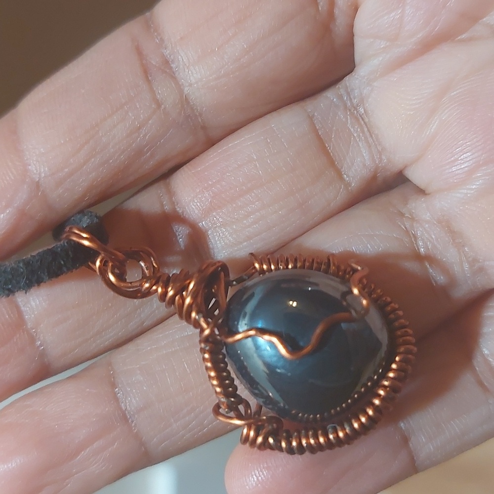 Artisan Copper Wire Wrapped Hematite Pendant On Suede Cord Necklace - Picture 5 of 6